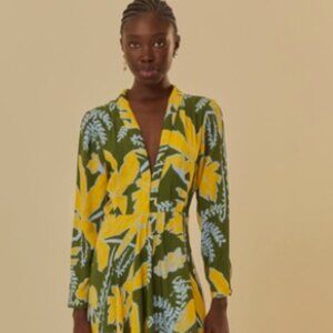 Farm Rio Foliage Sketch Green V Neck Maxi Dress